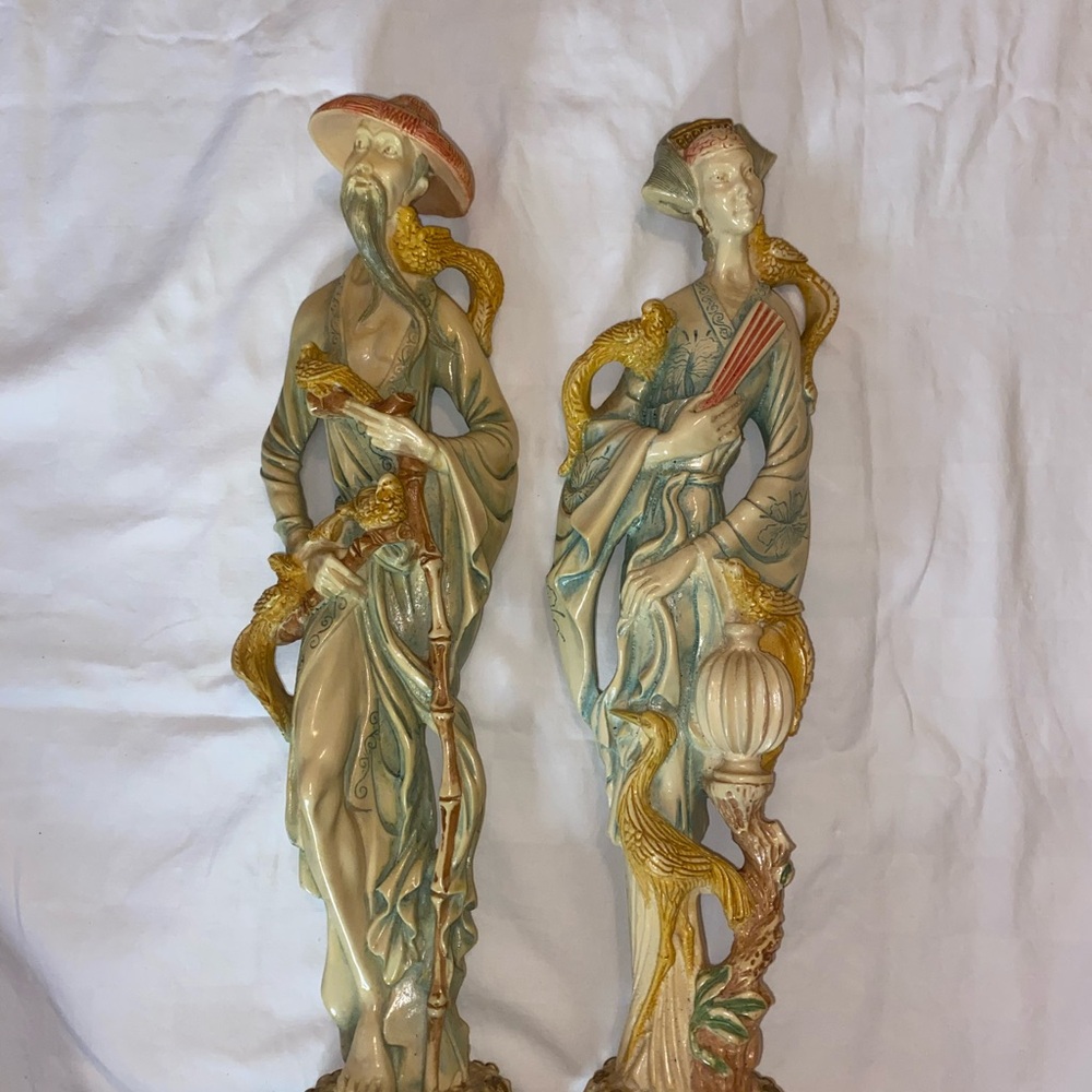 Decorative Porcelain Figurine Pair in Cream, Soft Blue & Gold Accents